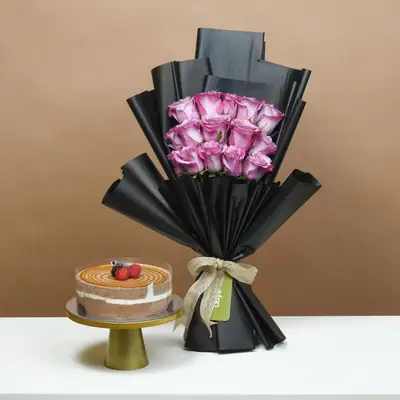 Luxurious Purple Rose Bouquet with Decadent Triple Chocolate Cake