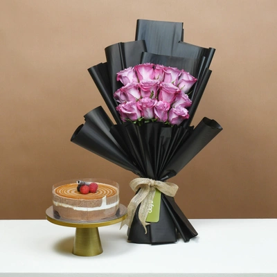 Luxurious Purple Rose Bouquet with Decadent Triple Chocolate Cake