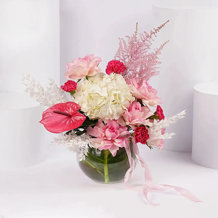 Blushing Blossom Arrangement in Glass Vase