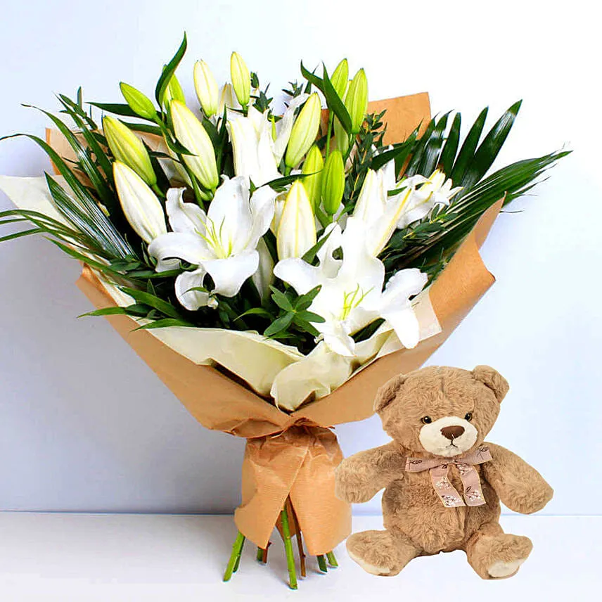 White Beauty Lilies Bouquet With Teddy Bear
