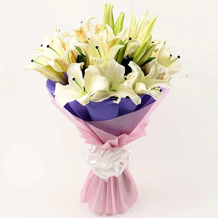 Lovely White Oriental Lilies Bouquet with Teddy Bear