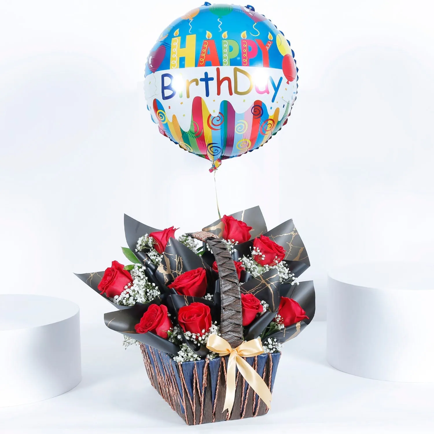 Birthday Beauty Gift Basket: Elegant Red Roses and Birthday Balloon