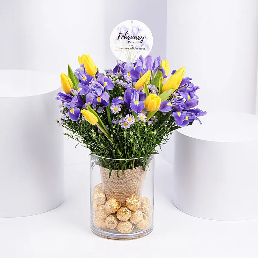 Feb Birthday Flower Iris & Tulips with Rochers