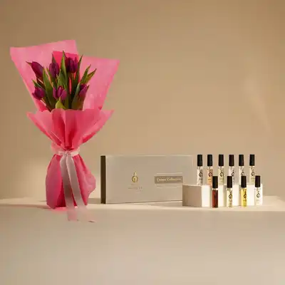Luxurious Pink Tulips Bouquet with Alghawaly Unisex Perfume Set