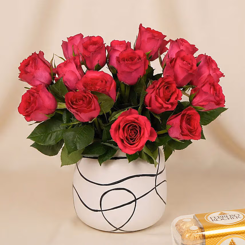 Romantic Dark Pink Roses for Valentine's Day n Chocolates Gift Set