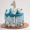 First Milestone Red Velvet Birthday Cake with Blue Drip Design