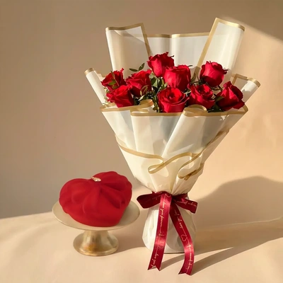 Elegant Valentine's Day 9 Red Roses - With Cake
