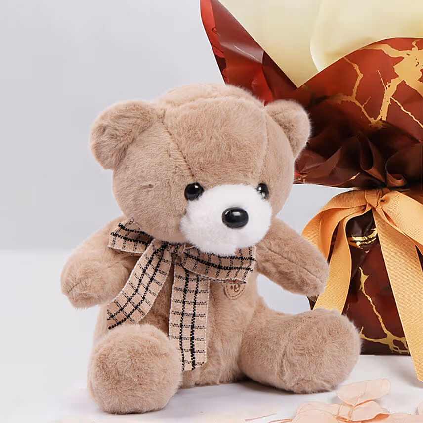 Designer Red Roses Bunch With Teddy Bear