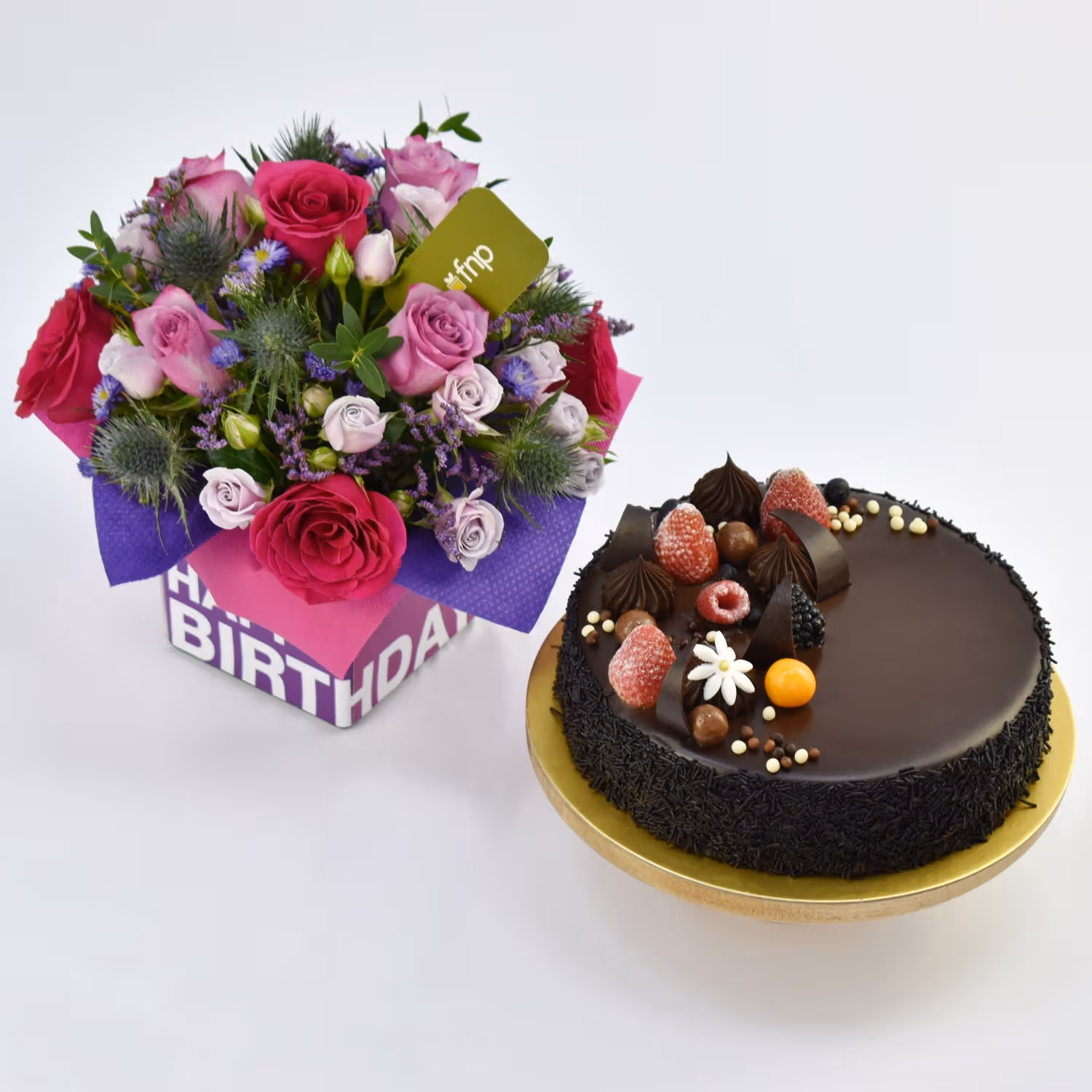 Delicious Chocolate Fudge Cake & Vibrant Birthday Flower Arrangement