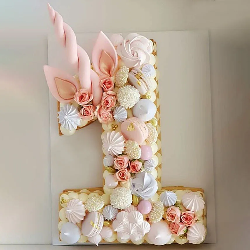 Number 1 Macarons Artificial Flowers Cake