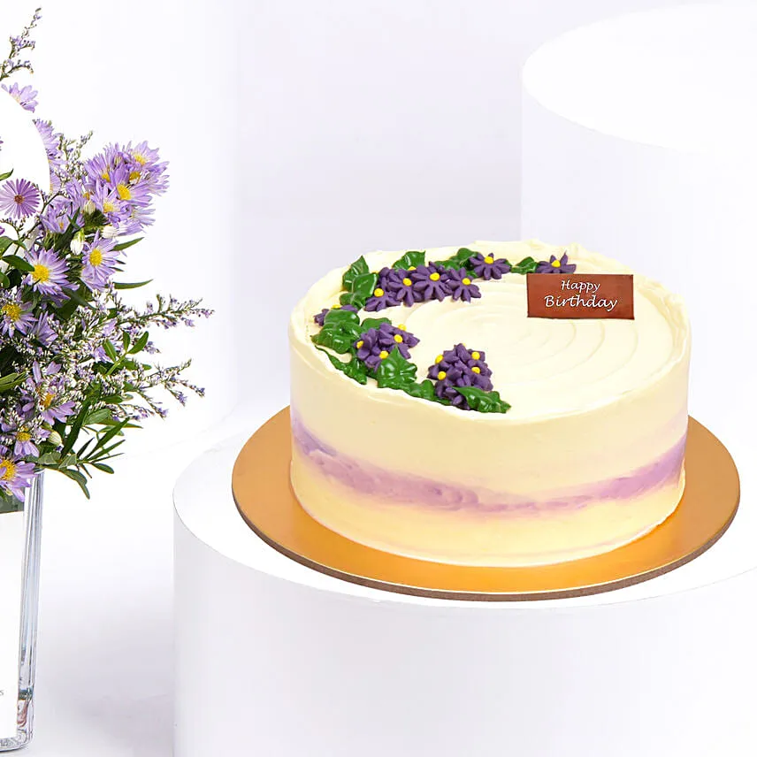 Aster Birthday Flowers Vase with Cake