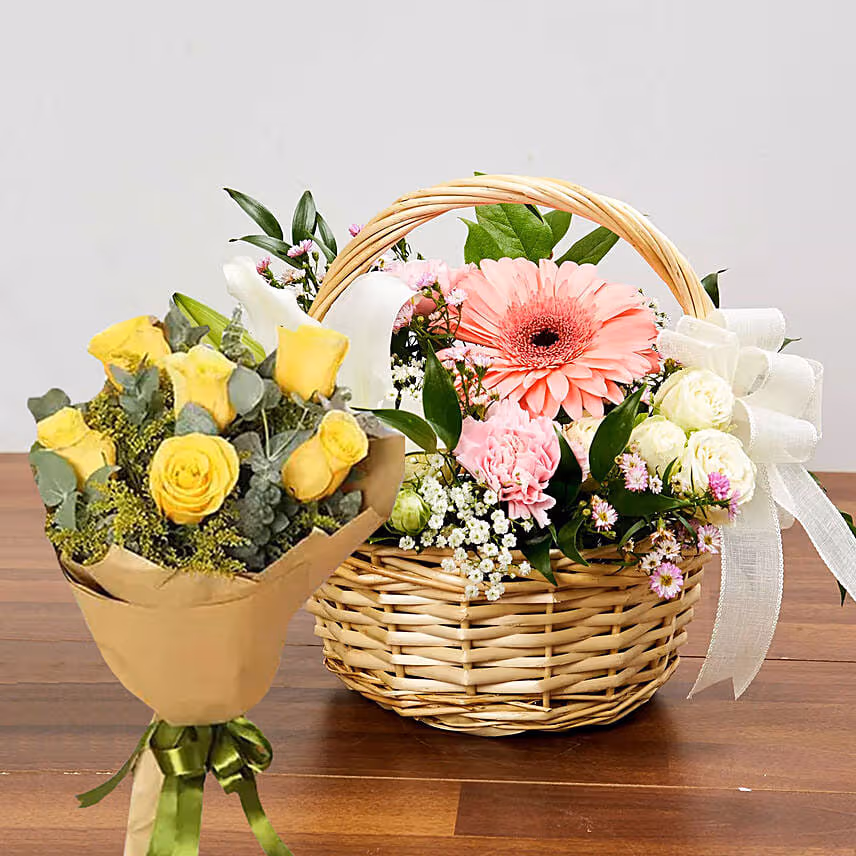 Gorgeous Flowers Basket With Yellow Roses Bouquet