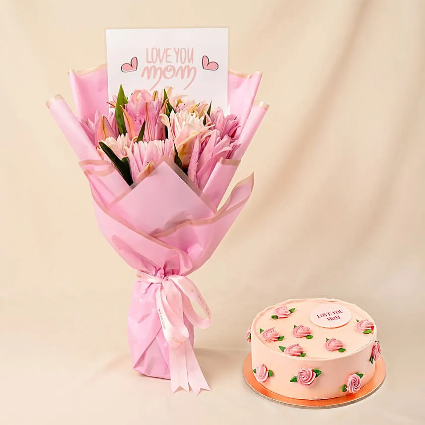 Moms Love Lily Hand Bouquet with Cake