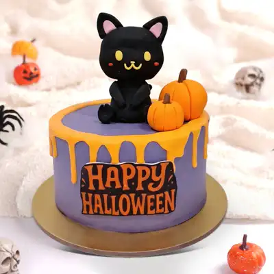 Spooky Halloween Cake with Black Cat and Pumpkin Decorations - Chocolate