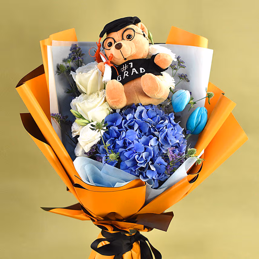 Graduation Teddy Bear & Mixed Flowers Bouquet