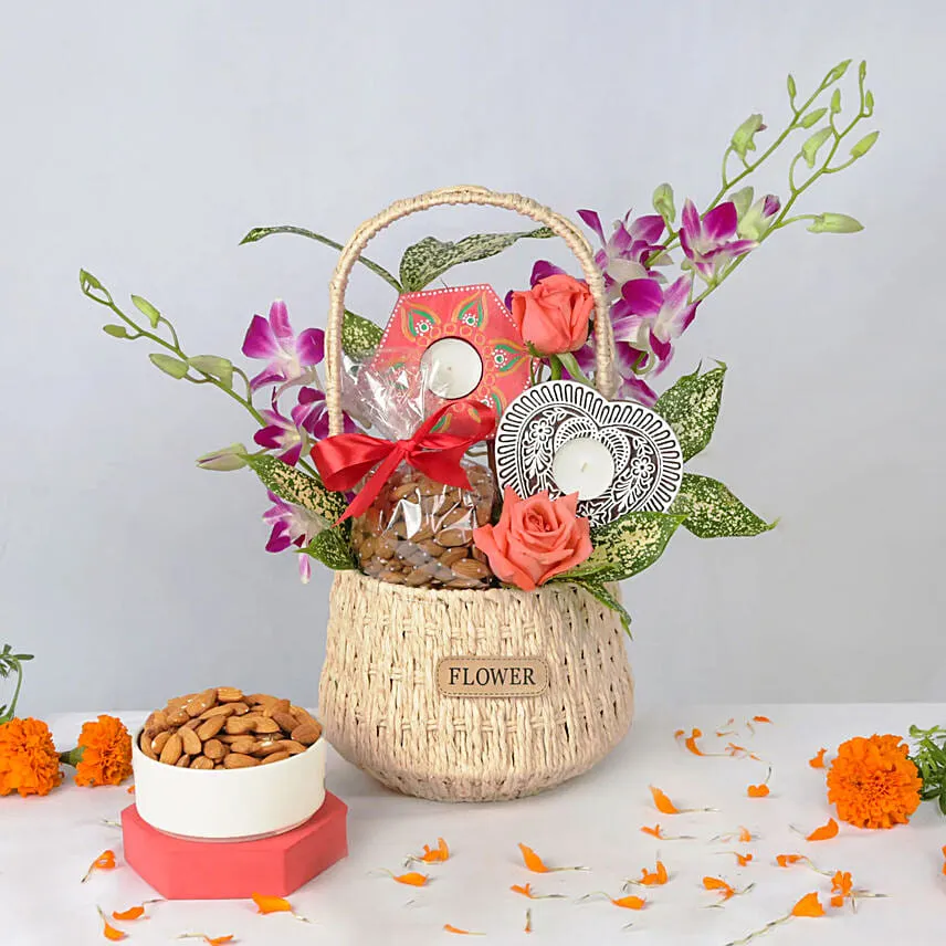 Flowers Nuts and Tea Lights Basket Deepavali