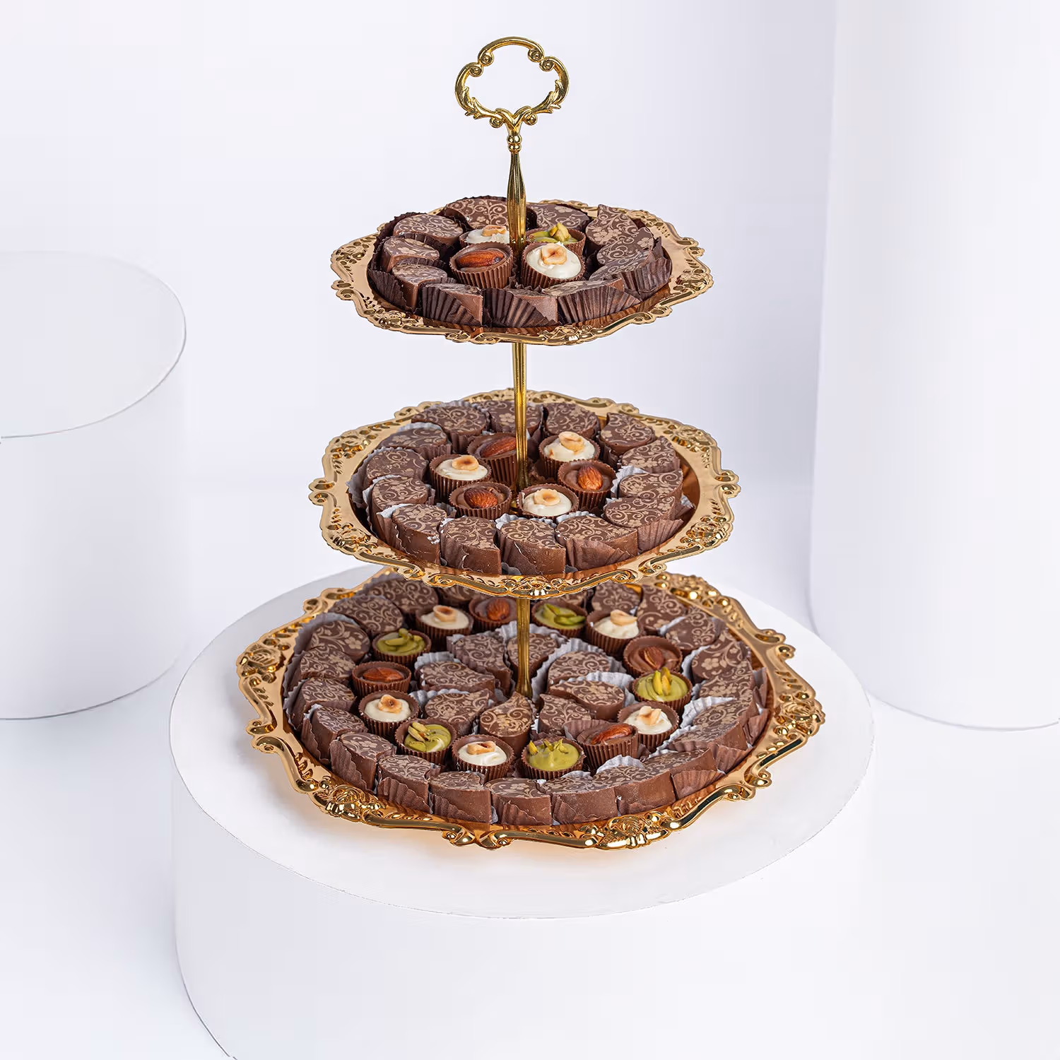 Luxurious Belgian Assorted Chocolates on Elegant 3-Tier Golden Plate