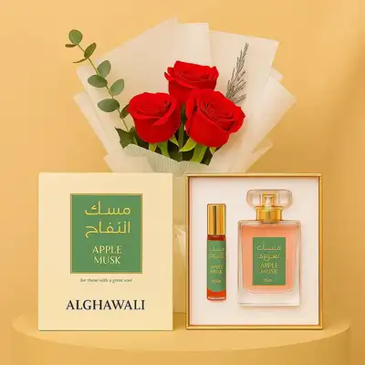 Alghawaly Apple Musk Perfume & Luxurious Red Rose Bouquet Combo
