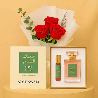 Alghawaly Apple Musk Perfume & Luxurious Red Rose Bouquet Combo