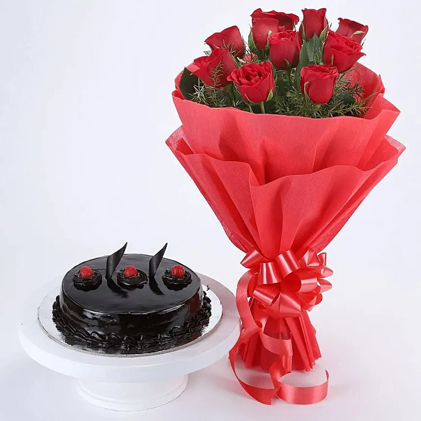 Eggless Chocolate Truffle Cake and Red Roses Bouquet