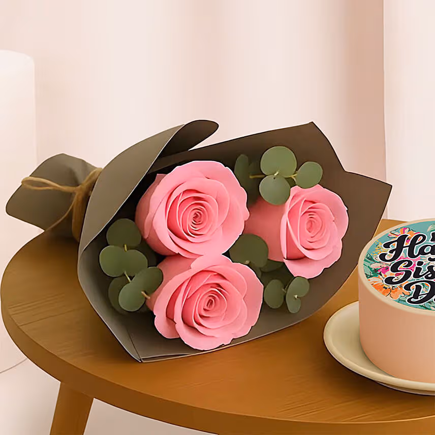 Sisters Day Mini Cake And Flower Bouquet