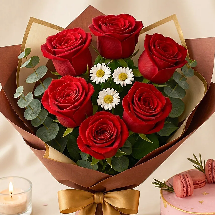 Elegant Red Rose Bouquet with Red Velvet Designer Cake