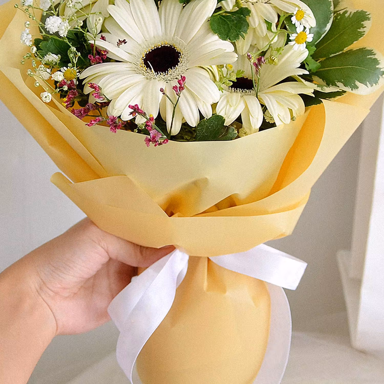 Peaceful White Gerberas Beautifully Tied Bouquet Standard
