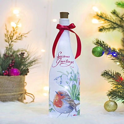 Festive Hand-Painted Glass Bottle with LED Lights - Perfect Christmas Decor