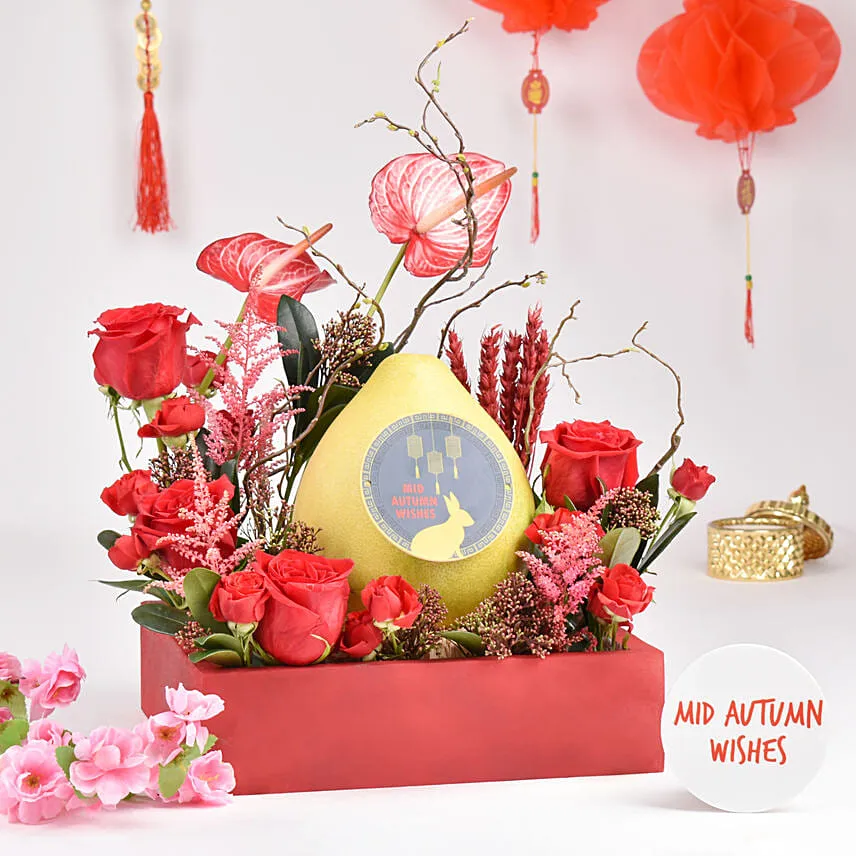 Mid Autumn Wishes Red Tray with Moon Cakes Box