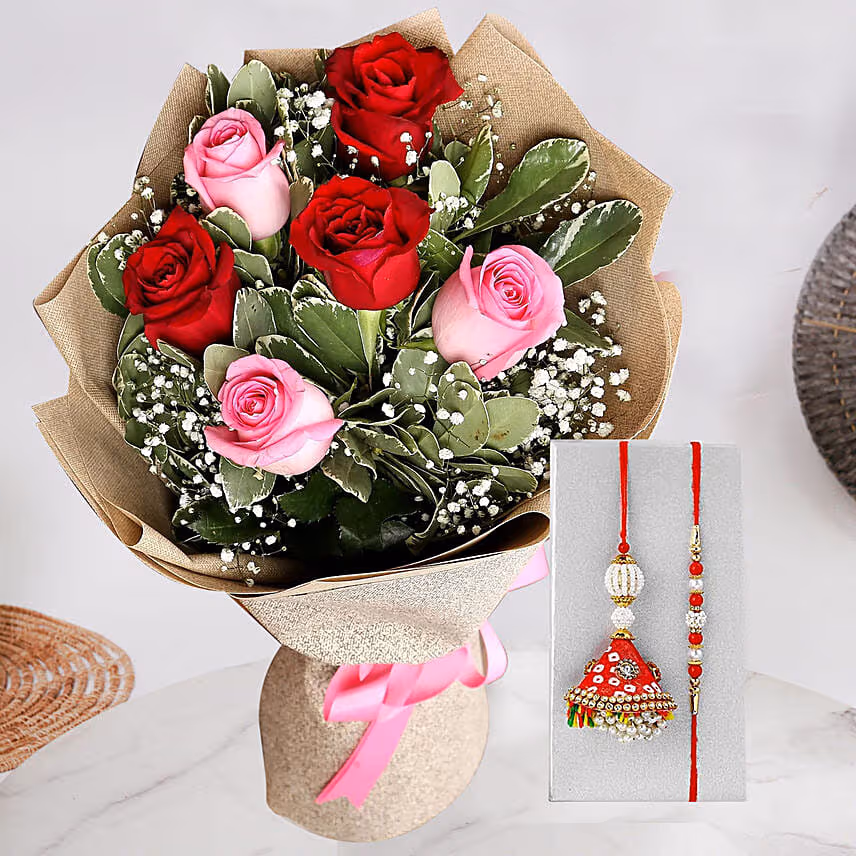 Attractive 6 Stolen Roses Bouquet with Bhabhi Rakhi