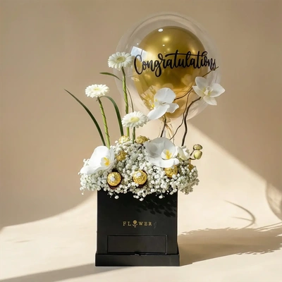 Luxurious Congratulations Floral Box with Chocolates and Balloons