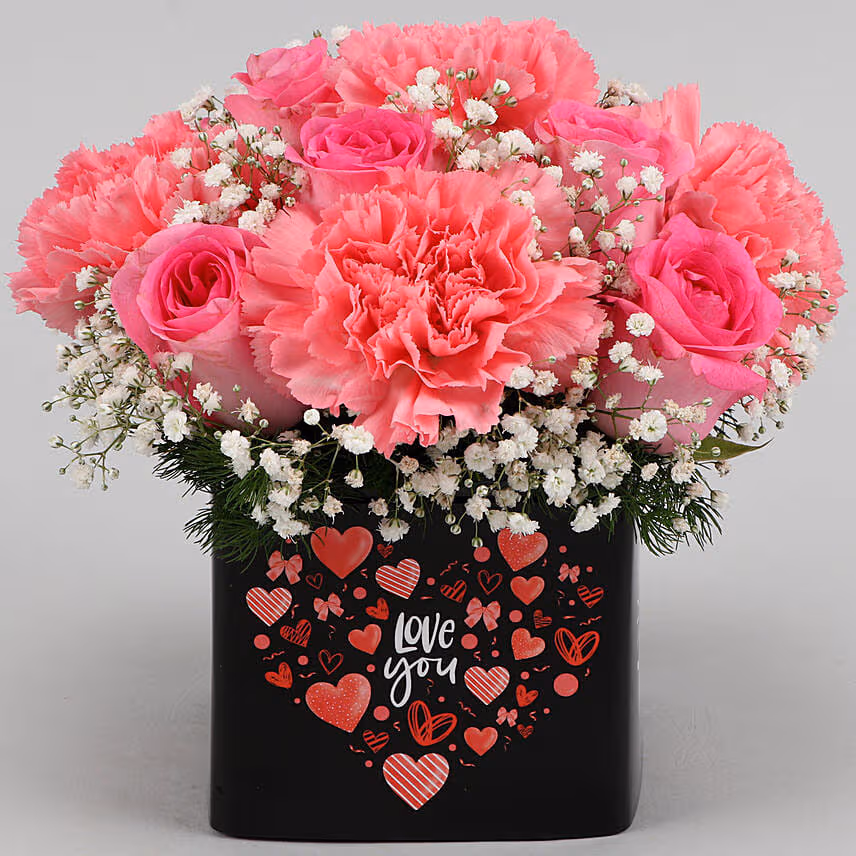 Pink Roses And Carnations In Love You Sticker Vase
