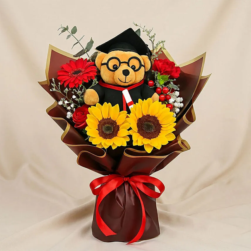 Graduation Bouquet with Teddy and Blooms
