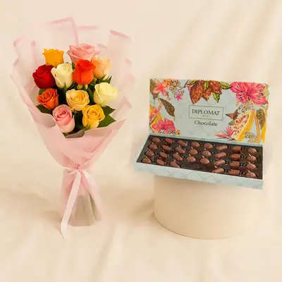 Diplomat Chocolate Box n Colorful Rose Bouquet