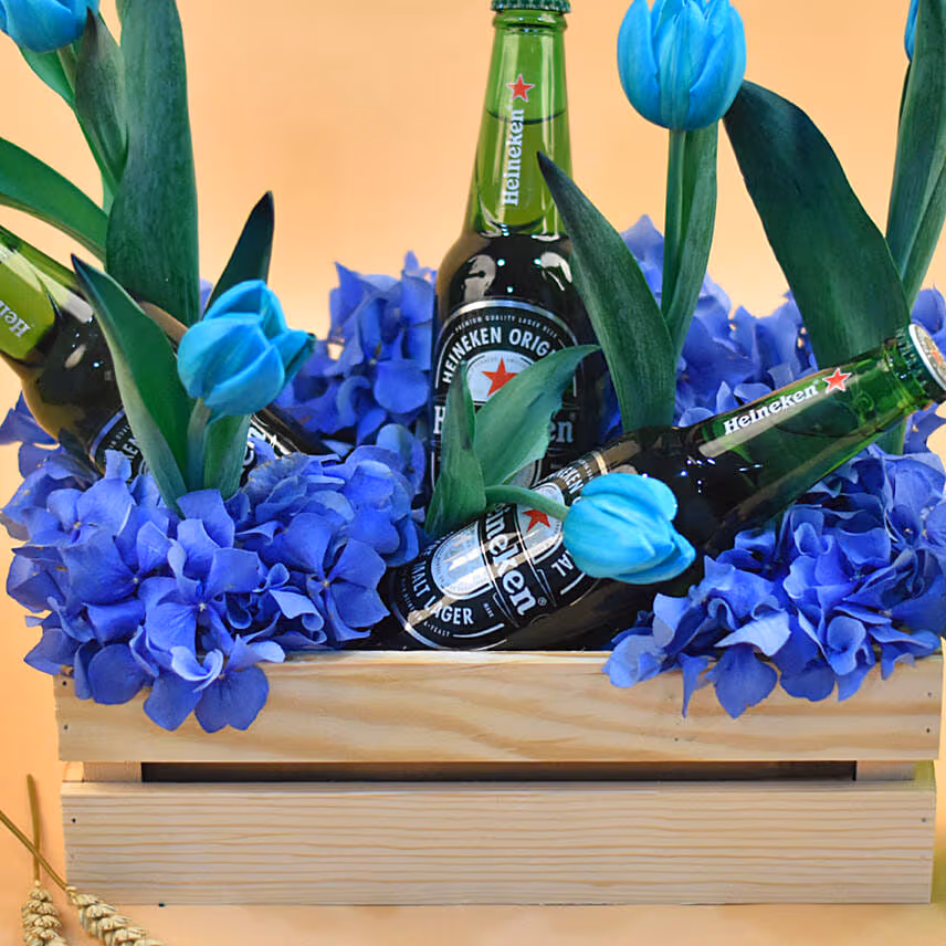 Mixed Flowers & Beer Wooden Crate
