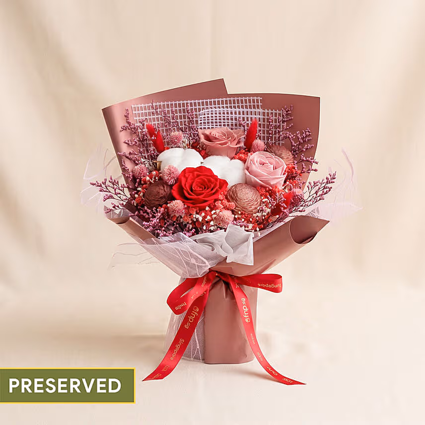 Rustic Crimson Preserved Rose & Cotton Bouquet