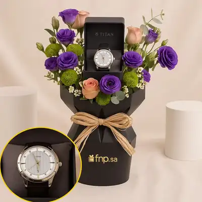 Titan Off-White Dial Men's Watch n Flower Bouquet
