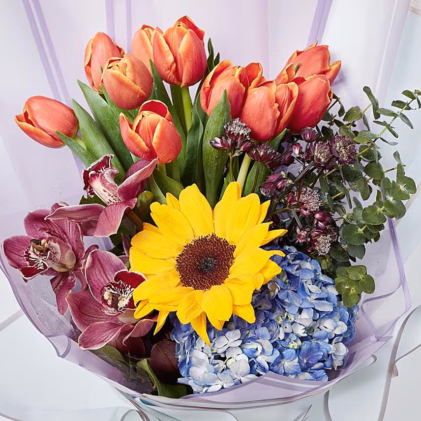 Vibrant Mixed Flowers Wrapped Bouquet