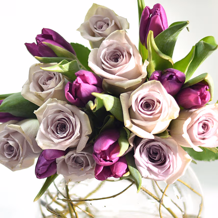 Beautiful Tulips Roses In Fish Bowl With Chocolate Cake