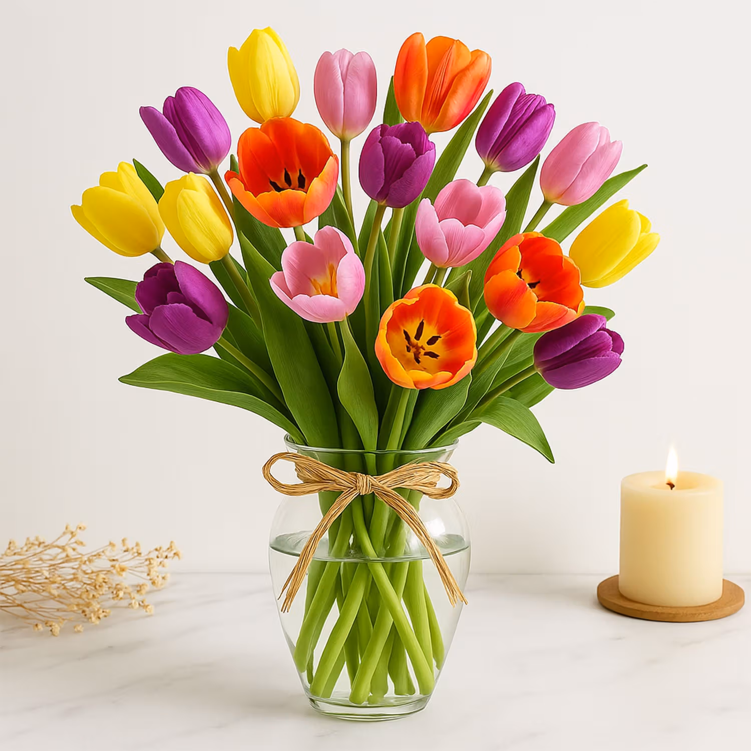 20 Mixed Tulips In Glass Vase