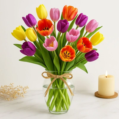 20 Mixed Tulips In Glass Vase