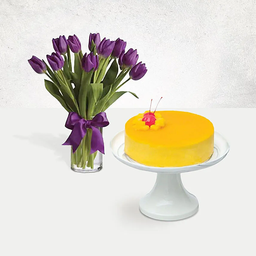 Mango Mousse Cake & Royal Purple Tulips