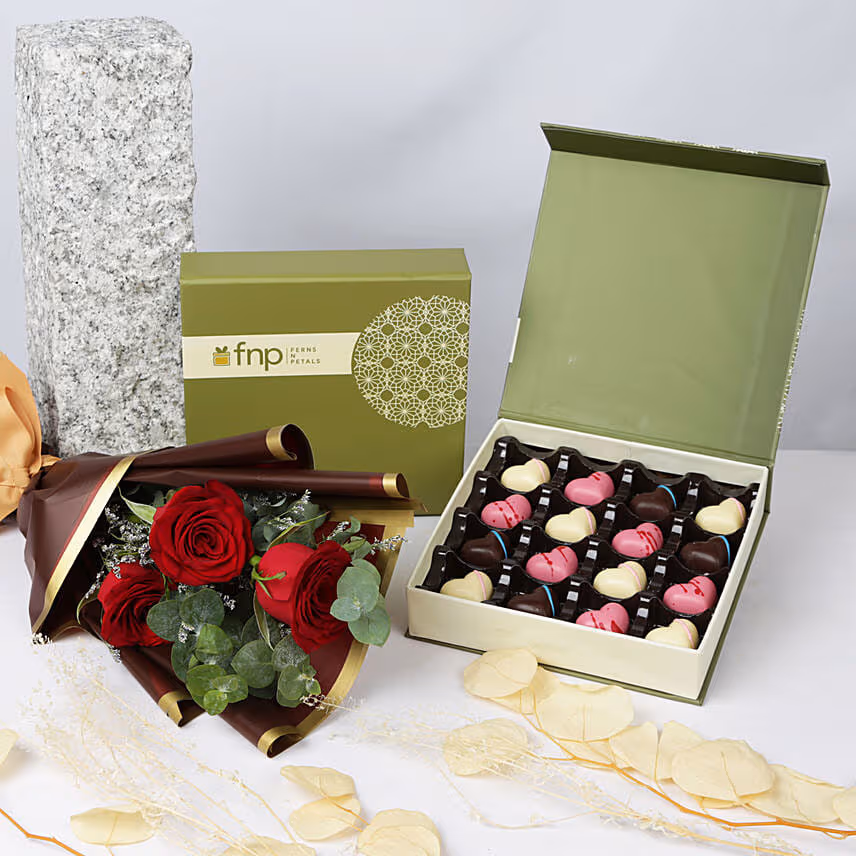 Chocolate Hearts Box with Red Roses Bouquet