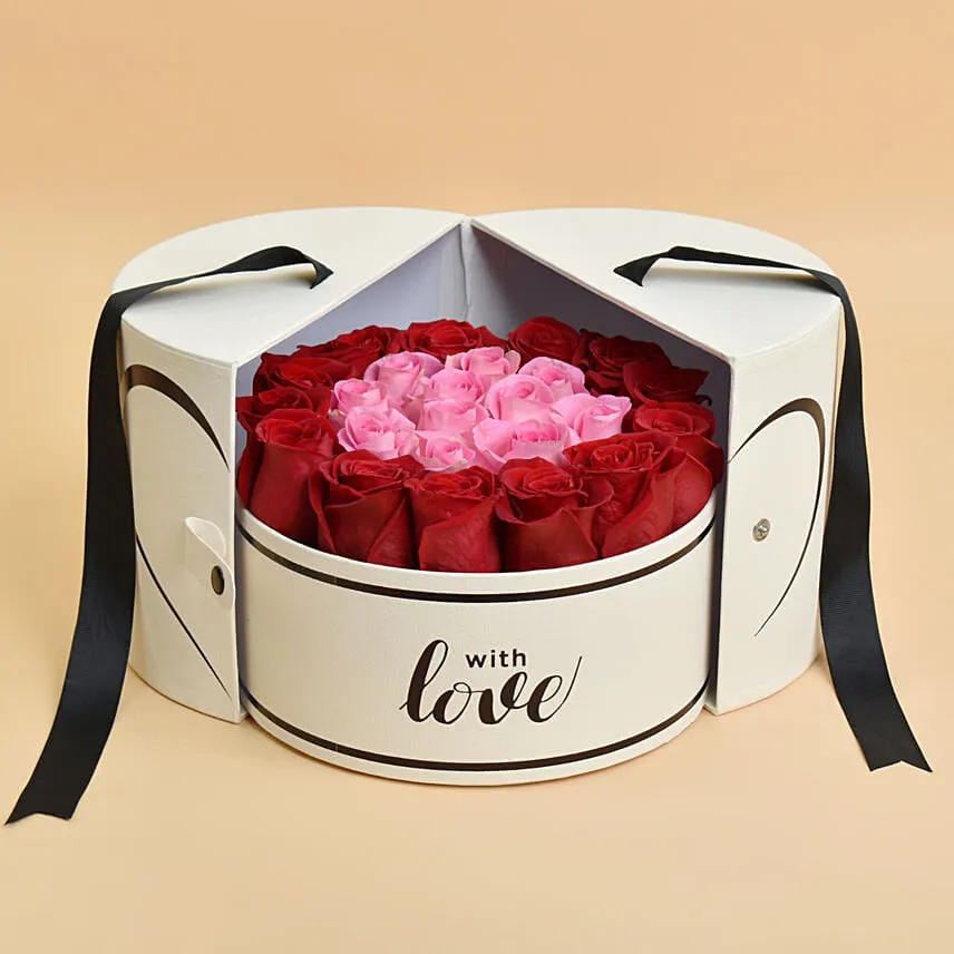 Pink & Red Roses In White Love Box For Valentine