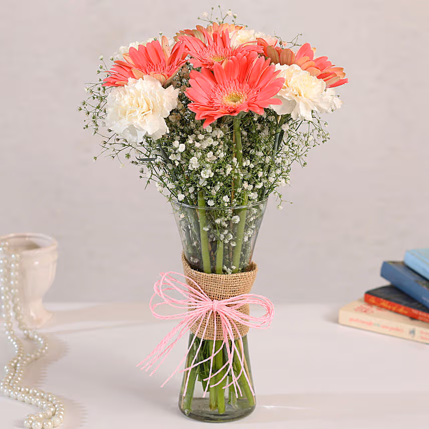 Gerberas White Carnations In Glass Vase with Teddy Bear