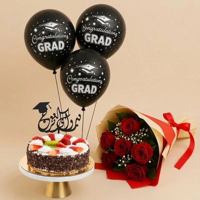 Graduation Gifts | Strawberry Cake With Red Roses n Balloons
