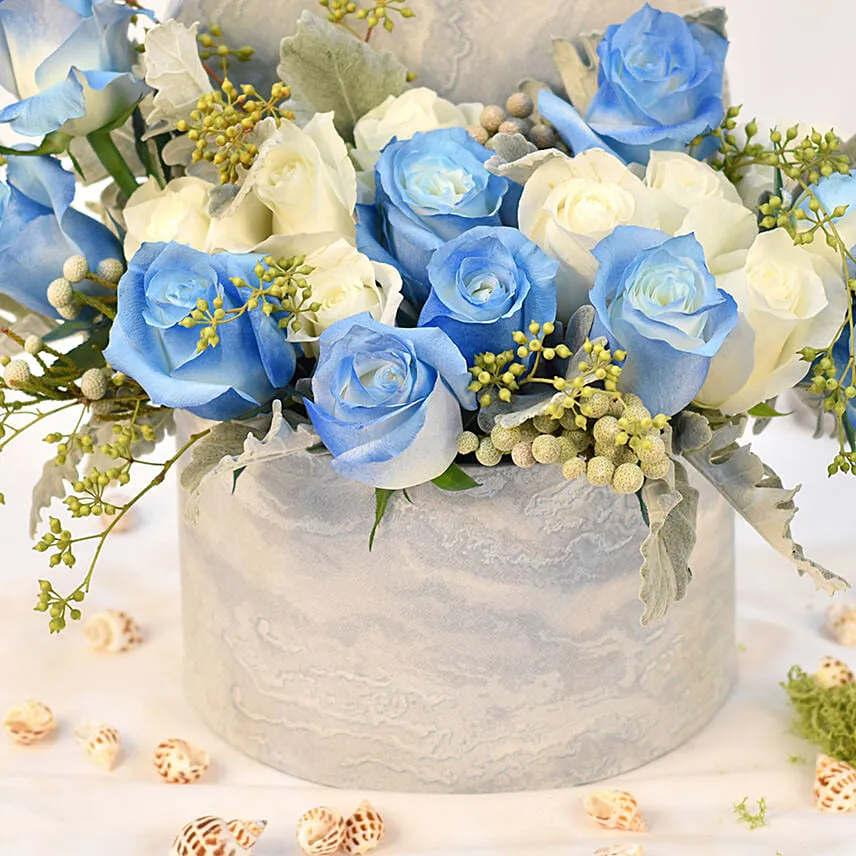 White and Blue Roses Arranngement in Box