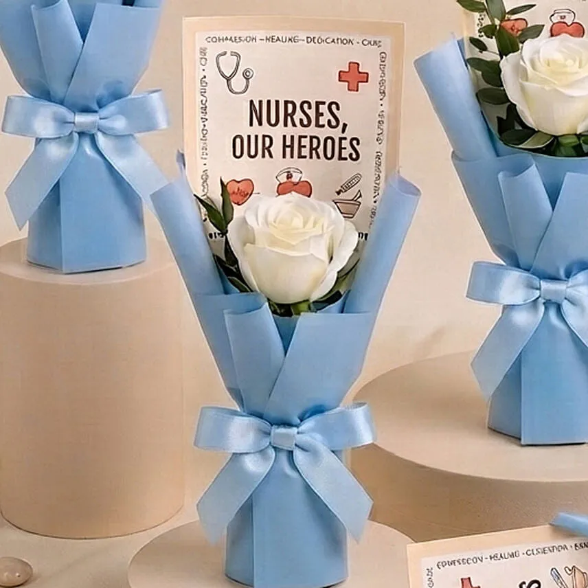Nurses, Our Heroes - White Rose Mini Bouquet x4