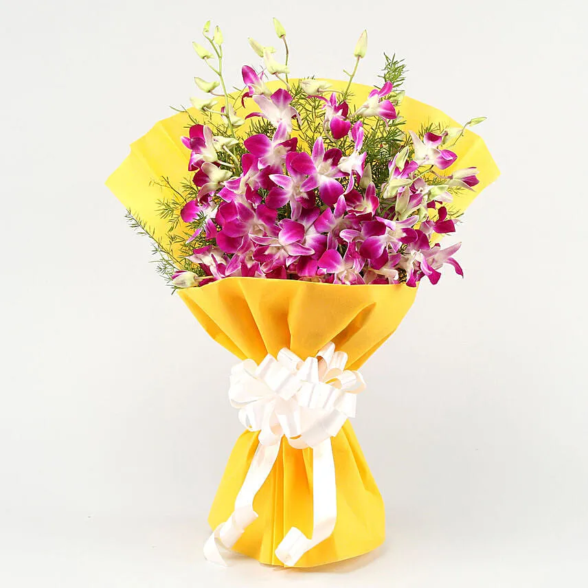 Ten Exotic Purple Orchids Bouquet With Balloons