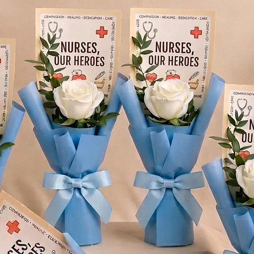 Nurses, Our Heroes - White Rose Mini Bouquet x5